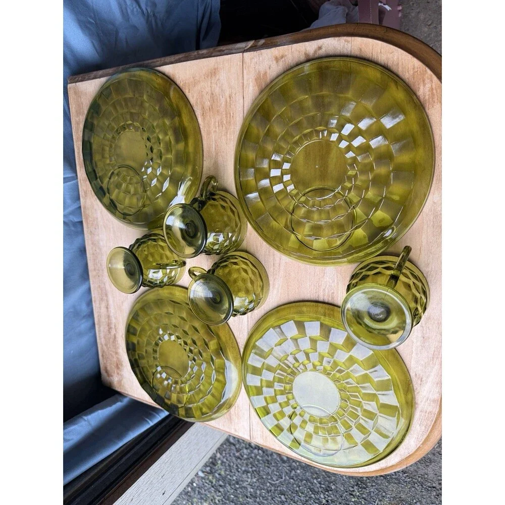 VTG Indiana Colony Glass Color Crown Green Thumbprint Snack  Plate w Cup 4 Sets